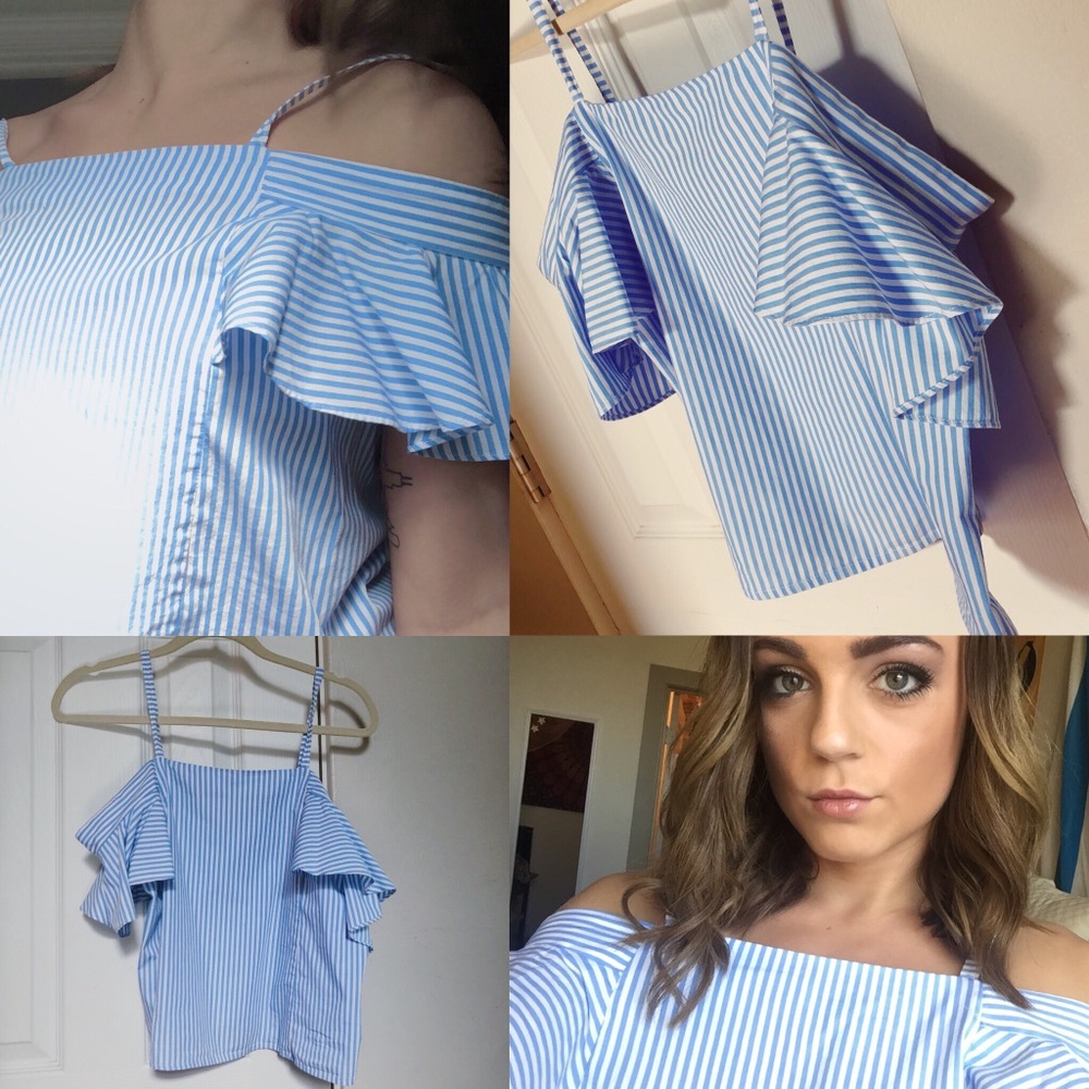 Blue and White Stripe Off Shoulder Top